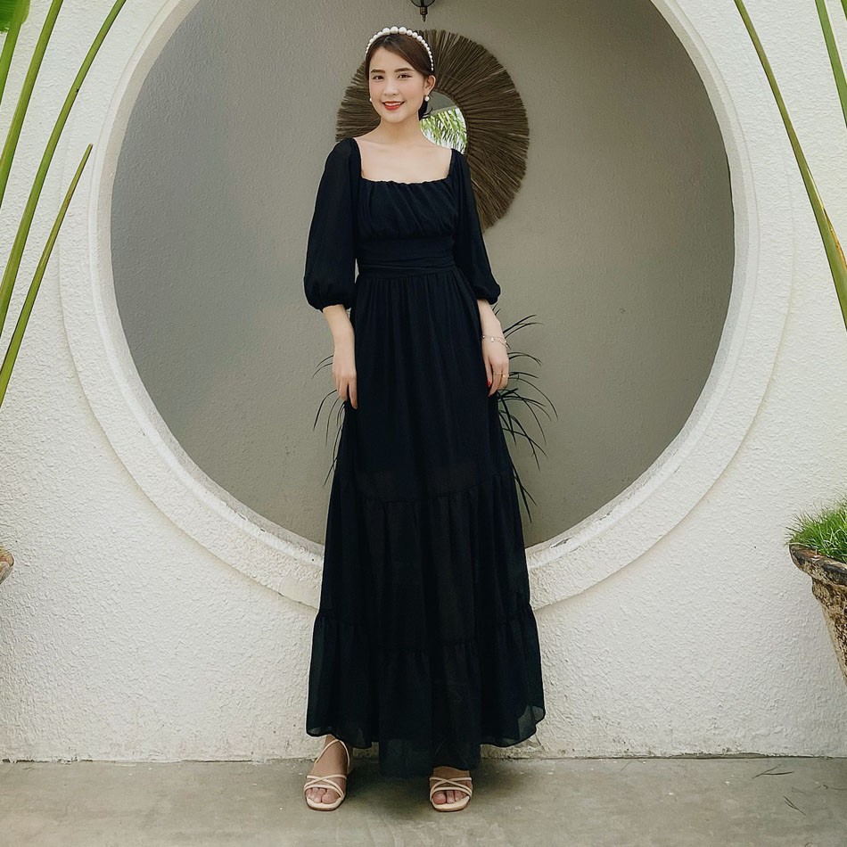 Đầm maxi trơn MIMIX váy tay dài xếp ly ngực sang trọng đi du lịch BE7190 | BigBuy360 - bigbuy360.vn