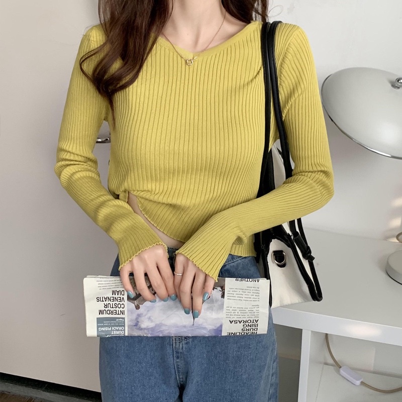 Áo len dài tay áo croptop len tăm gân to, dáng ngắn cổ tròn cổ tim, ống tay xoăn bèo dễ thương - shopbelinh