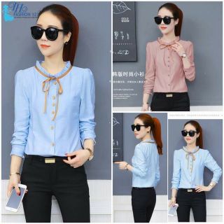 Áo sơ mi nữ cao cấp tay dài thắt nơ màu xanh và màu hồng