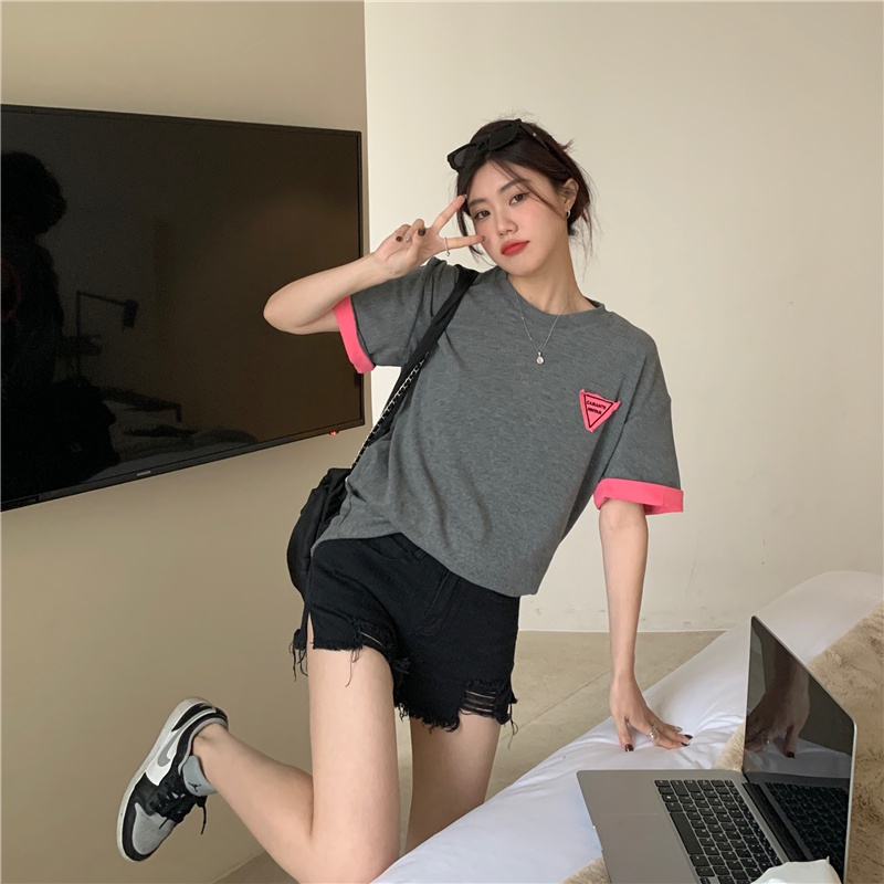 SUXI Áo Thun Cotton Cổ Tròn Tay Ngắn Dáng Rộng In Chữ Phối Màu Tương Phản Thời Trang Mùa Hè Cho Nữ