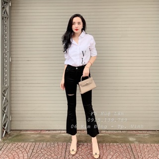 QUẦN JEANS ĐEN XẺ ĐÙI ỐNG LOE