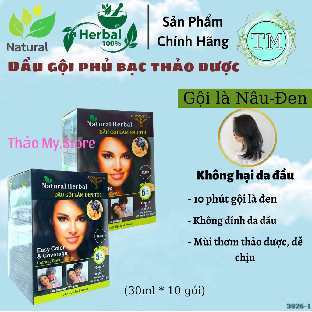 Dầu Gội Nhuộm Tóc - Thuốc Nhuộm Thảo Dược Natural Herbal - Phủ Bạc 100% - Không Rát Da Đầu Màu Nâu & Đen 1 Hộp 10 Gói.