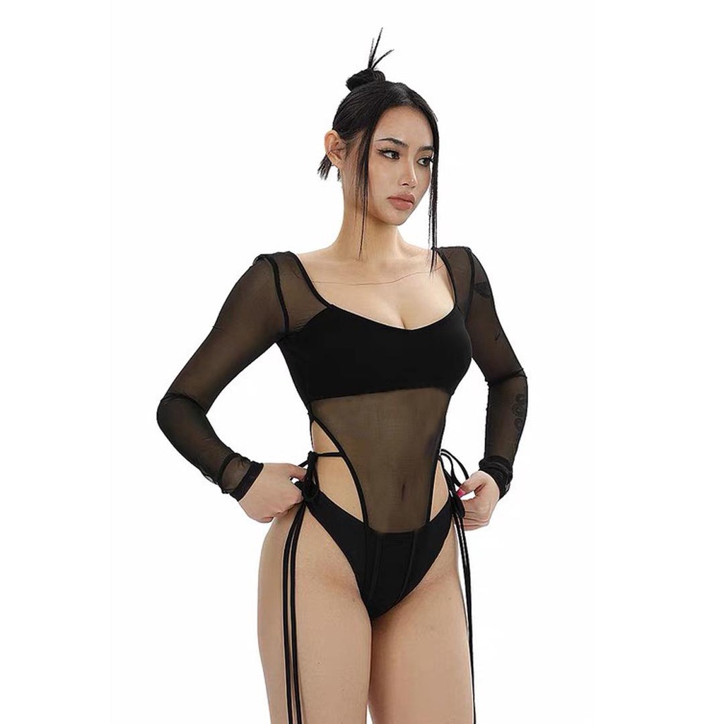 Áo bodysuit nữ tay dài Junest  áo lưới dài tay dáng ôm phối lưới  cổ chữ U Sexy ALQ002
