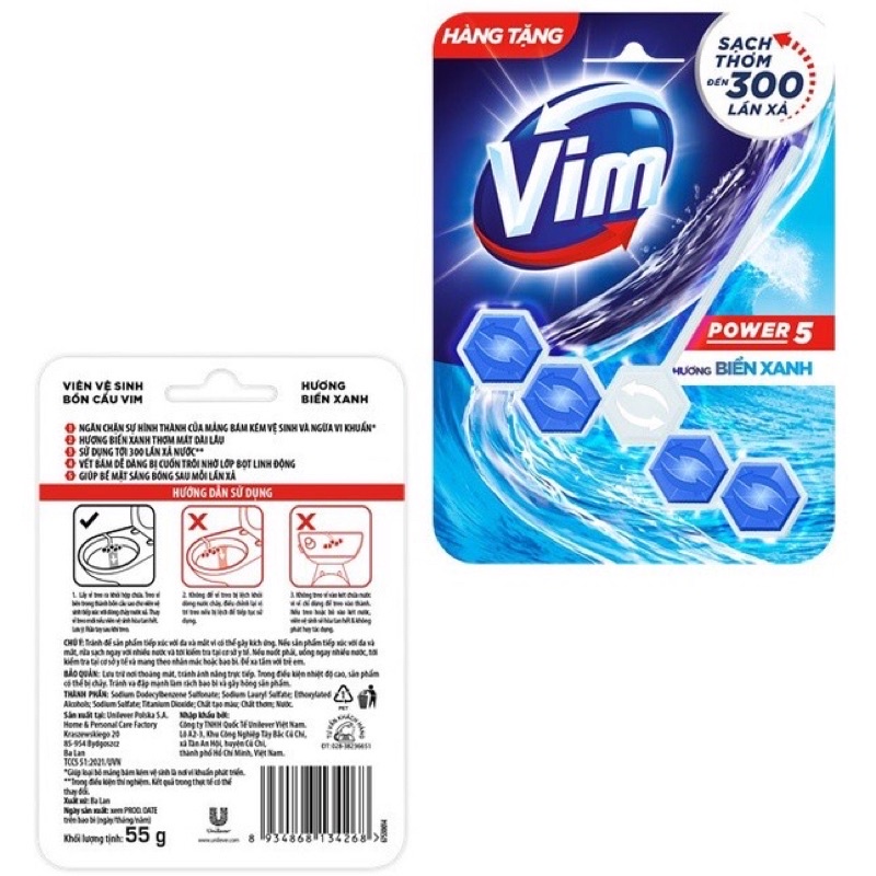 Viên Tẩy Vệ sinh Bồn Cầu Vim Power 5 55g - Viên treo bồn cầu Vim hương oải hương, biển xanh