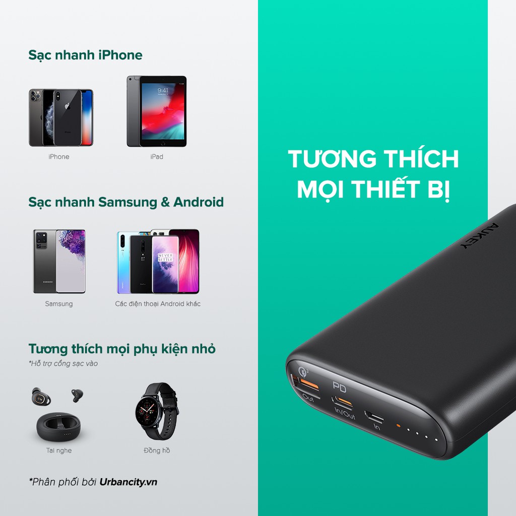 Pin Aukey PB-Y39 15.000 mAh Lõi Tesla Bền X7, Sạc Nhanh QC 3.0 Và PD 18W