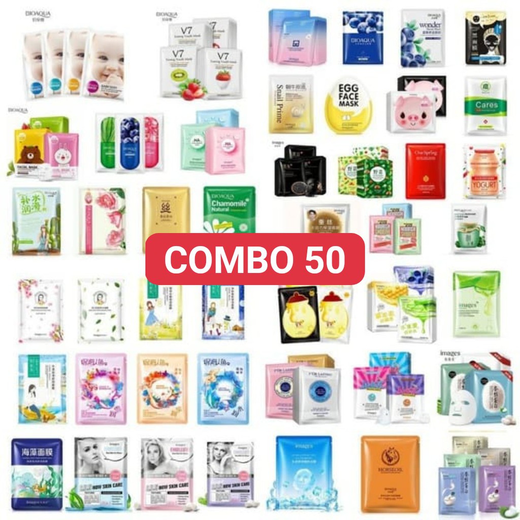 Combo gồm 50 mặt nạ giấy dưỡng da mụn cấp ẩm thải độc