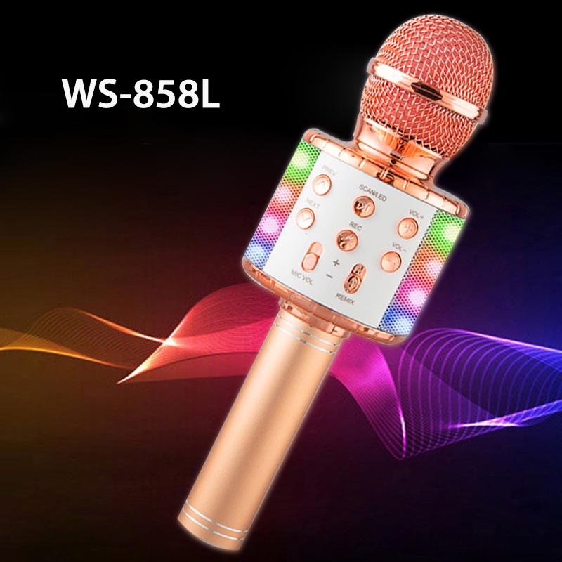 Mic hát WS-858L karaoke đèn Led nháy theo nhạc sống động, kết nối không dây bluetooth, mẫu mới 2022