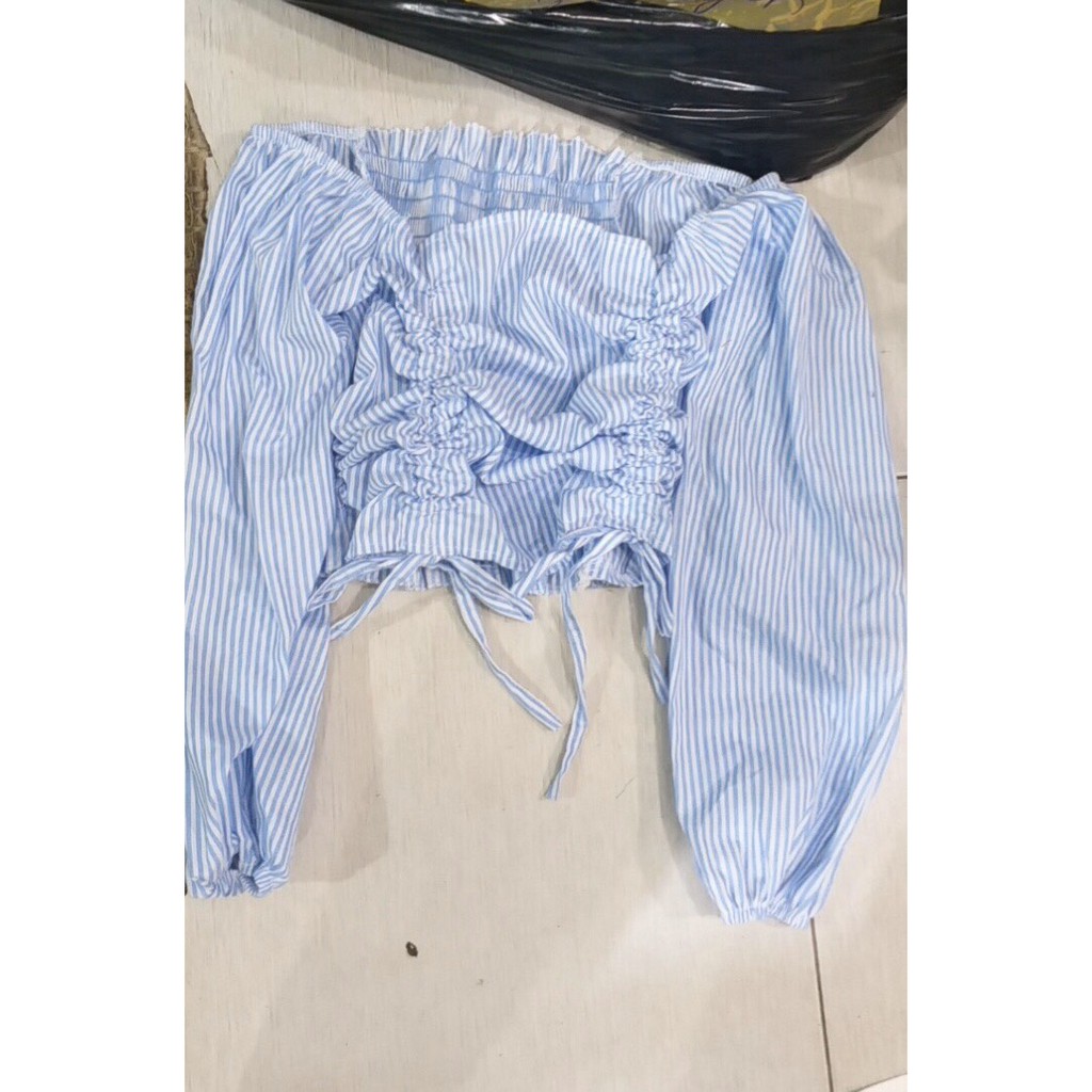 set áo rút 2 bên sọc màu xanh xinh quần ống rộng mẫu xinh