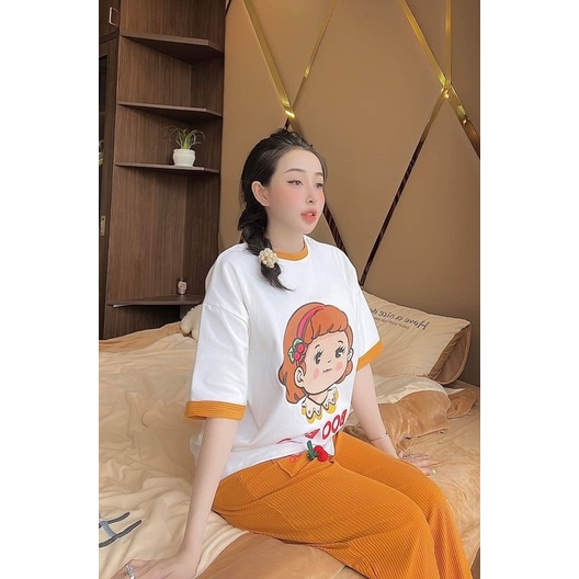 Set áo cotton bé boo phối viền tay cổ quần gân hình in túi - HN Closet