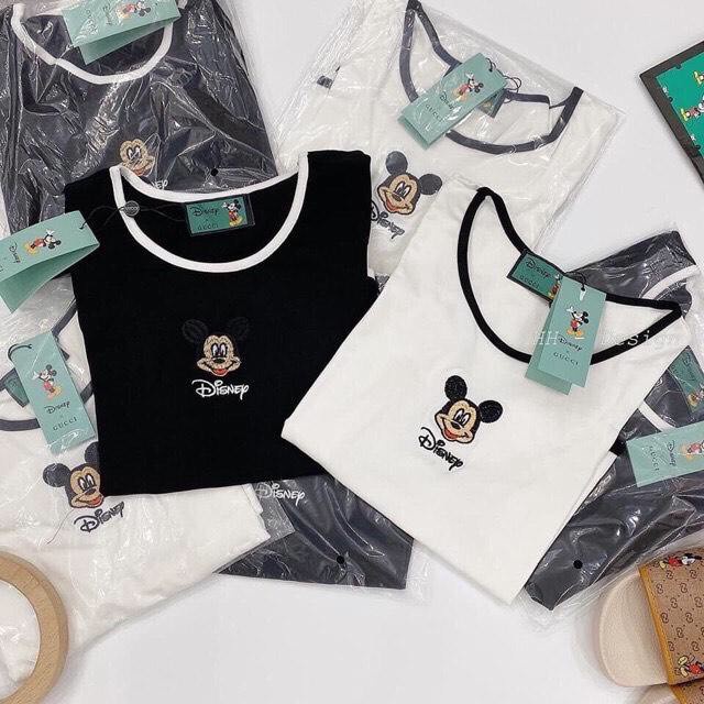 ÁO THUN CROPTOP THÊU MICKEY CHẠY VIỀN CỔ VIỀN TAY ĐEN TRẮNG HOT