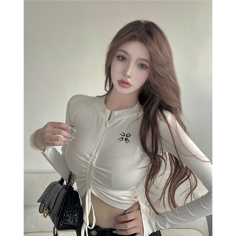 Áo dệt kim ZHELIHANGFEI tay dài lưng cao phối dây rút thời trang quyến rũ cao cấp