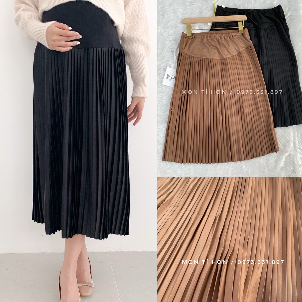 Chân váy bầu dài qua gối dập ly chất chéo Hàn có chun rút điều chỉnh bụng - Màu đen/nâu -  có size 45-75kg