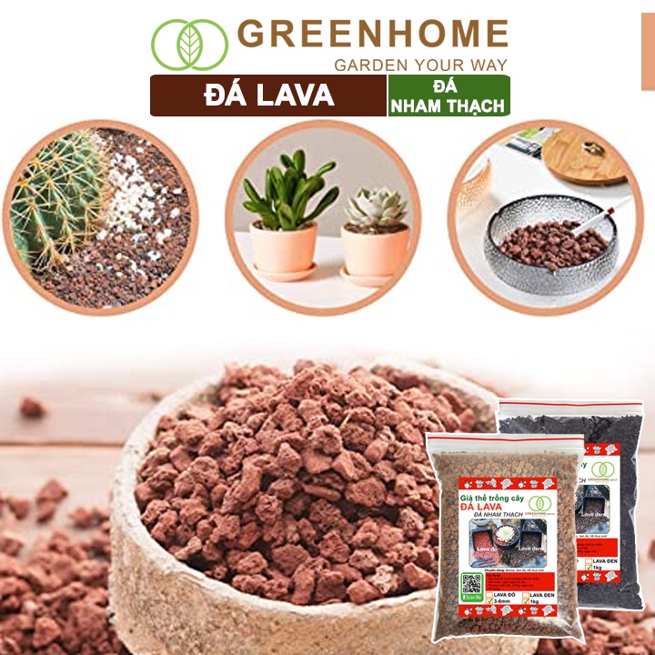 Đá nham thạch lava Greenhome, bao 1kg, màu đỏ, đen, size 3-6mm, sạch bụi, cho thủy sinh, bonsai, xương rồng