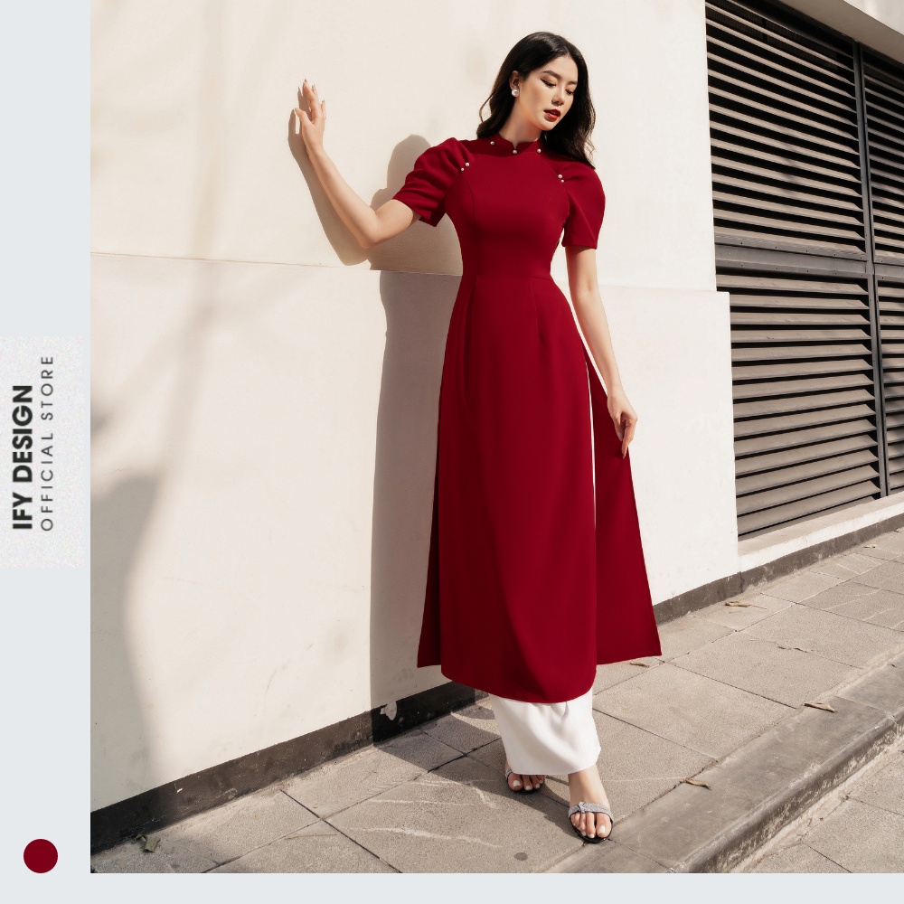 Áo dài cách tân đính ngọc tay bồng màu đỏ IFY Design FAD01A