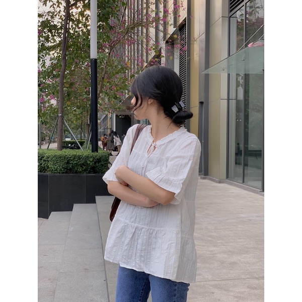 Áo kiểu babydoll 3 tâng ngắn tay cổ nơ TKA266 LOLLIE STUDIO