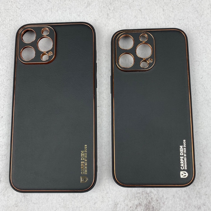 [Cao Cấp] Ốp Lưng Da iPhone 11/12/13/14 Đủ Dòng Máy, Viền Mạ Crom Vàng Đẳng Cấp - Mã TZAC235