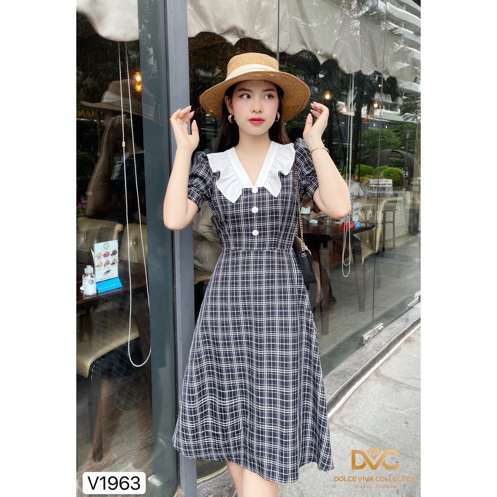 Váy kẻ xòe cổ phối V1963 - Đẹp Shop DVC (Kèm ảnh thật trải sàn do shop tự chụp)