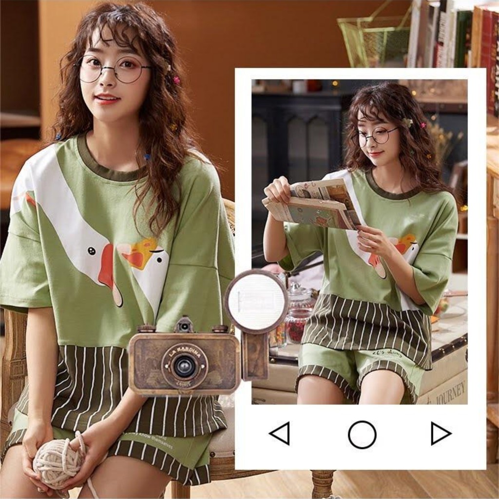 Bộ Cotton mặc ngủ mặc nhà dạo phố sọc thiên nga dáng rộng quần đùi áo tay lỡ mềm mịn thoải mái hoạt hình dễ thương xinh