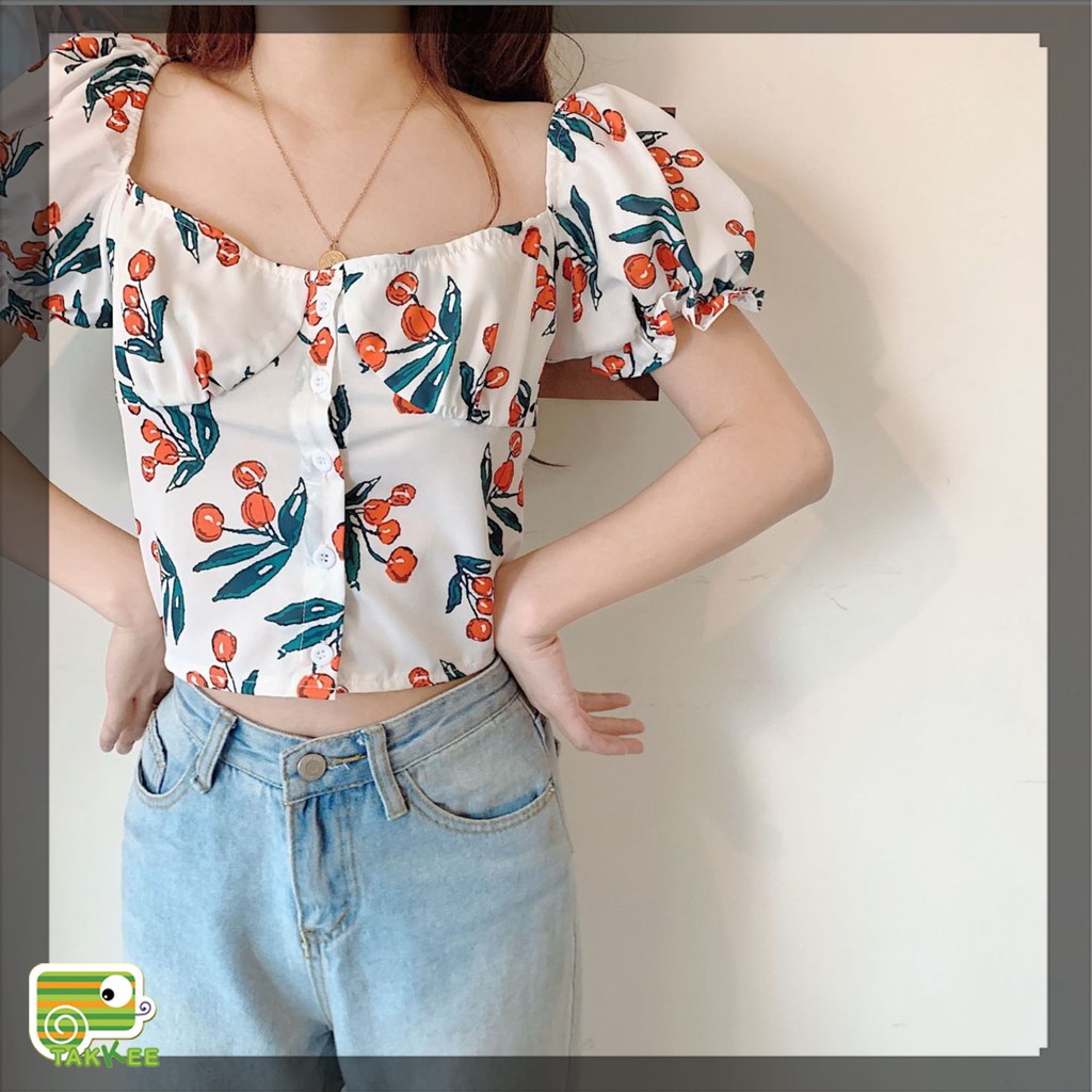 Sơ mi croptop họa tiêt hoa hot trend hàng Quảng Châu đẹp