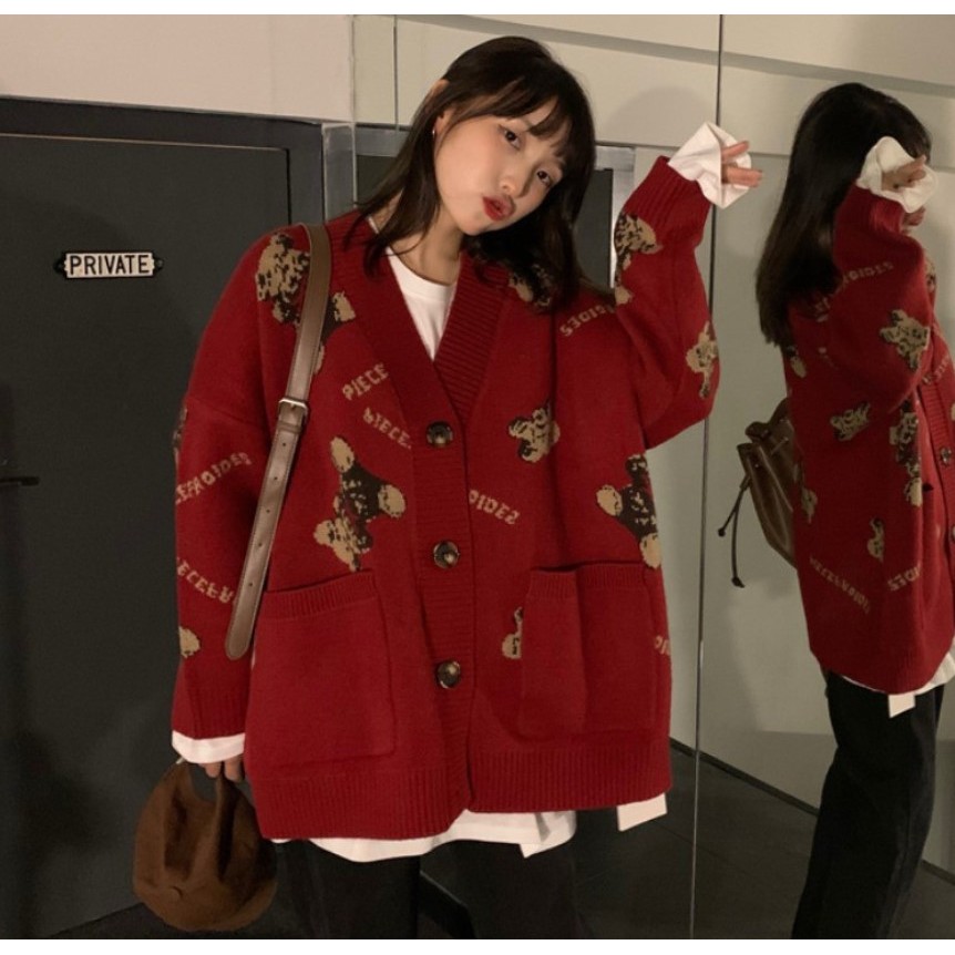 Cardigan Len Gấu | Khoác Len Cardigan Cổ V Dáng Rộng Họa Tiết Gấu Cute Phong Cách Hàn Quốc, Hàng Quảng Châu