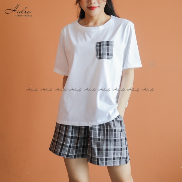 Bộ Ngủ Áo Phông Túi Phối Mix Quần Kẻ Caro Chất Cotton Siêu Mát
