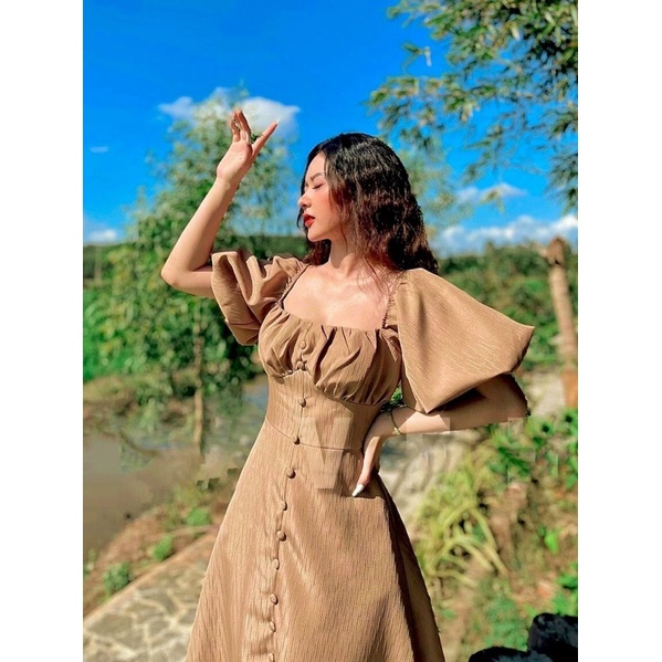 🤍ĐẦM MAXI BASIC TAY BỒNG NÚT BỌC