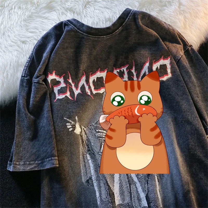 Áo Thun Tay Ngắn Dáng Rộng In Hình Ác Quỷ Kiểu Retro Mỹ Thời Trang Mùa Hè Cho Các Cặp Đôi