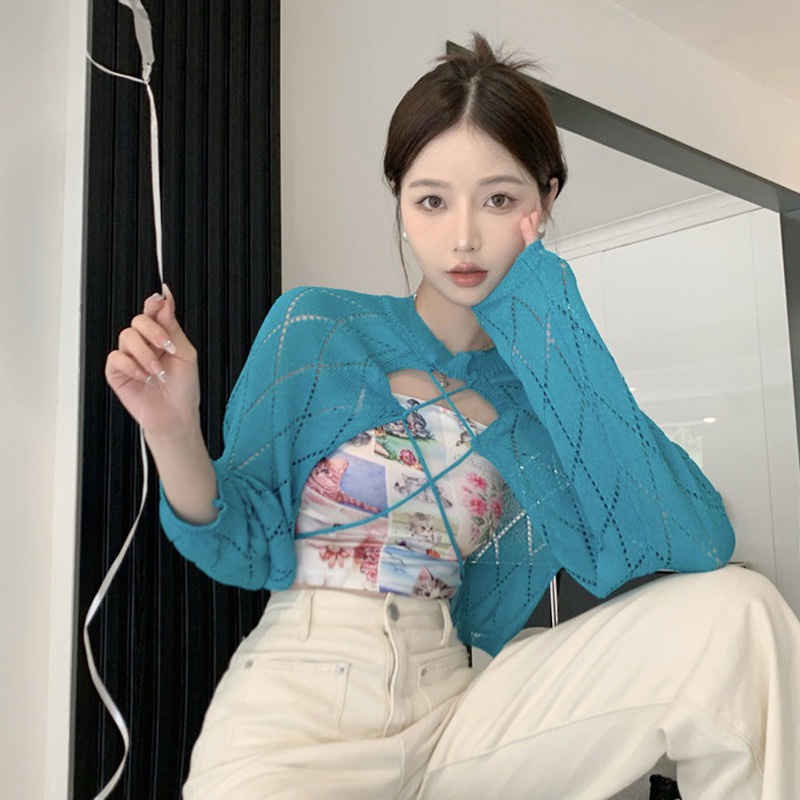 Bộ Áo Croptop Không Tay In Họa Tiết + Áo Dệt Kim Tay Dài Màu Trơn Thời Trang Cho Nữ