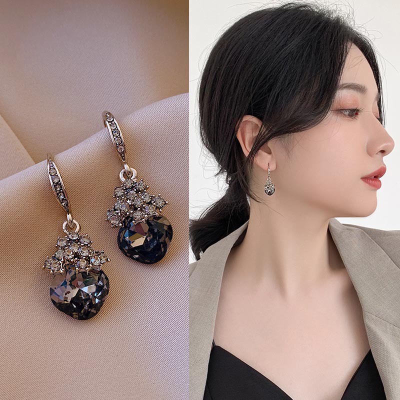 Bông Tai Dáng Dài Hình Trái Tim Đính Đá Màu Xám Thời Trang Cho Nữ 2022