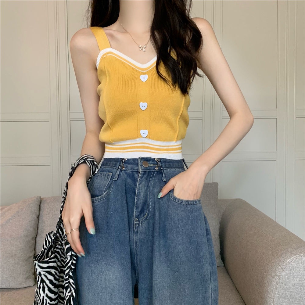 Áo Dệt Kim Hai Dây Phối Nút Hình Trái Tim Đáng Yêu Cho Nữ