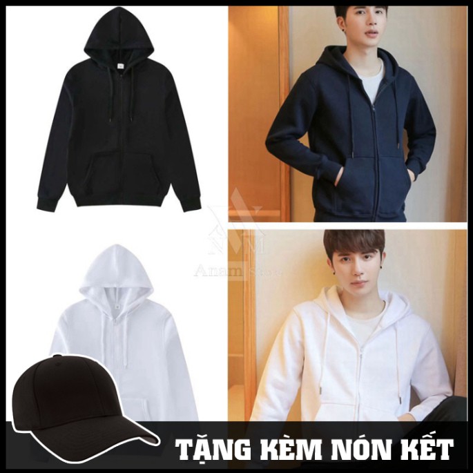Vải Cotton Siêu Xịn Áo hoodie dây kéo trơn, Vải nỉ ngoại, 2 màu trắng đen, Anam Store Takan Store