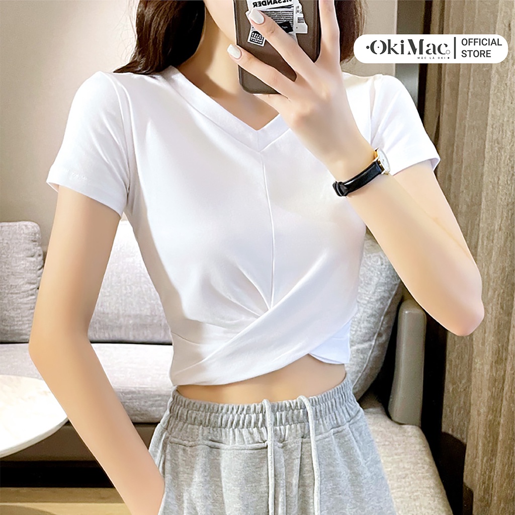 Áo croptop nữ cổ tim chữ v tay ngắn kiểu ôm body xoắn eo thun cotton phong cách ulzzang thời trang nữ OKIMAC | BigBuy360 - bigbuy360.vn