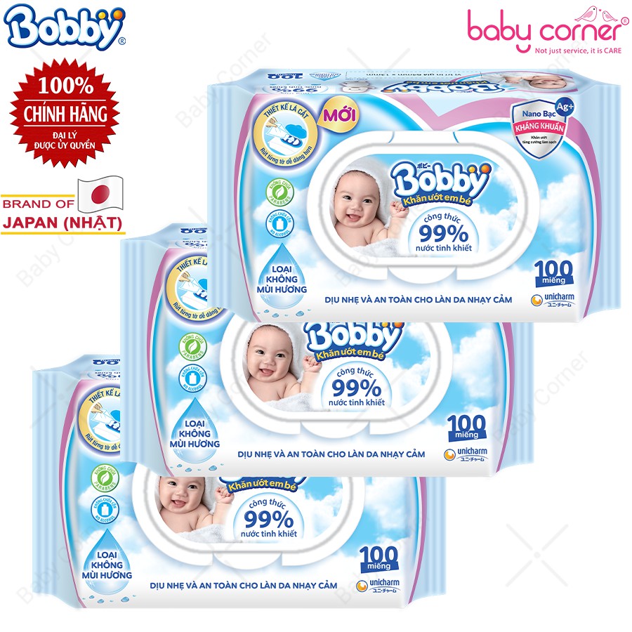 Khăn Giấy Ướt Bobby 99% Nước Tinh Khiết Không Mùi 100 Tờ/Gói Cho Bé