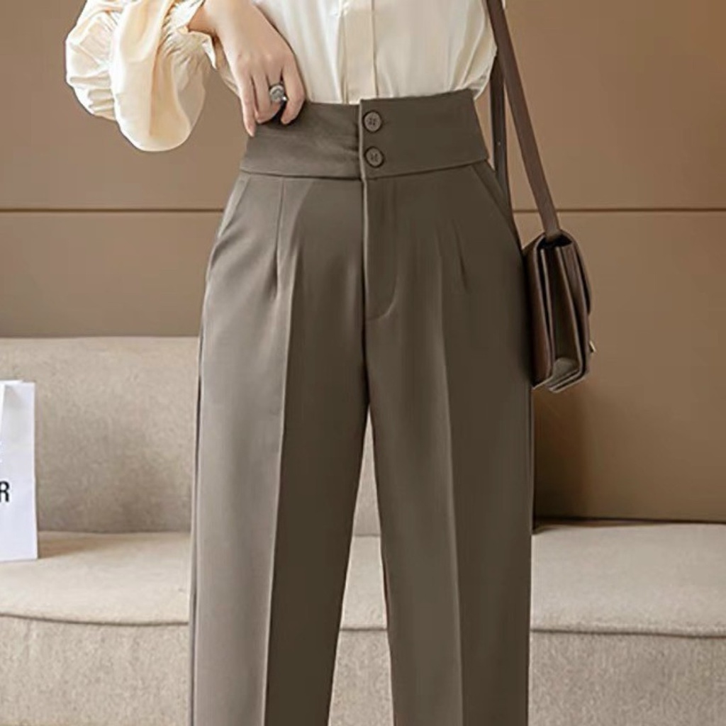 Quần baggy vải nữ chất đep hàng chần cạp cao khóa trước có 2 khuy tạo dáng eo thon gọn