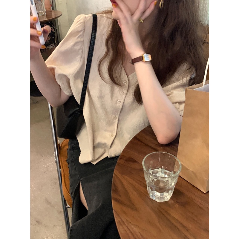 Áo sơ mi tay phồng cổ chữ V dáng rộng phong cách pháp cho nữ