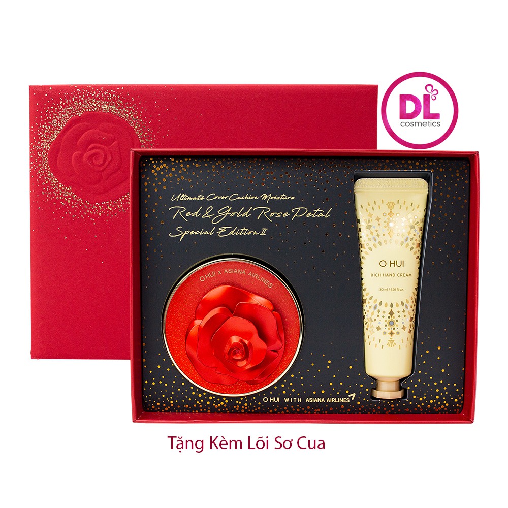 Set Phấn Nước + Kem Dưỡng Tay Ohui Ultimate Cover Cushion Moisture Red & Gold Rose Petal Special Edition II