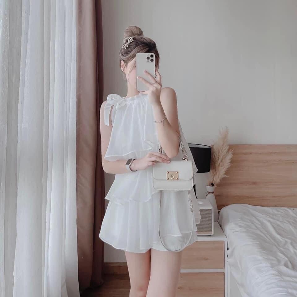 Sét Áo Yếm Voan Tơ Cổ Yếm Xoè Tầng Quần Short Nữ, Sét Tiểu Thư Hàn Quốc, Đồ Bộ Đùi Vải Voan Mềm Mại