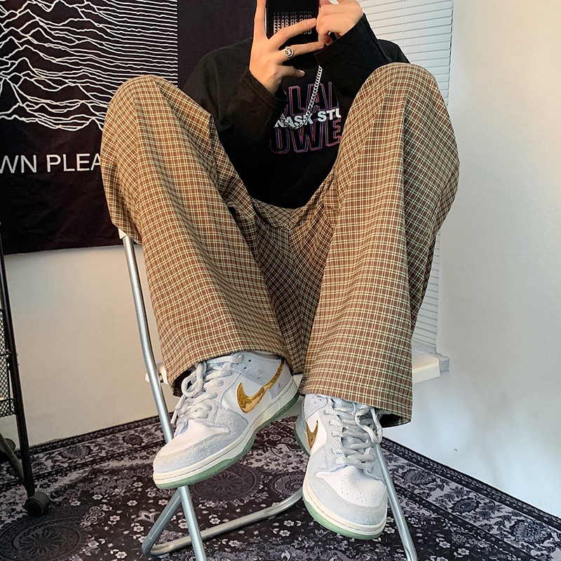 Quần ống rộng họa tiết kẻ caro phong cách retro Mỹ