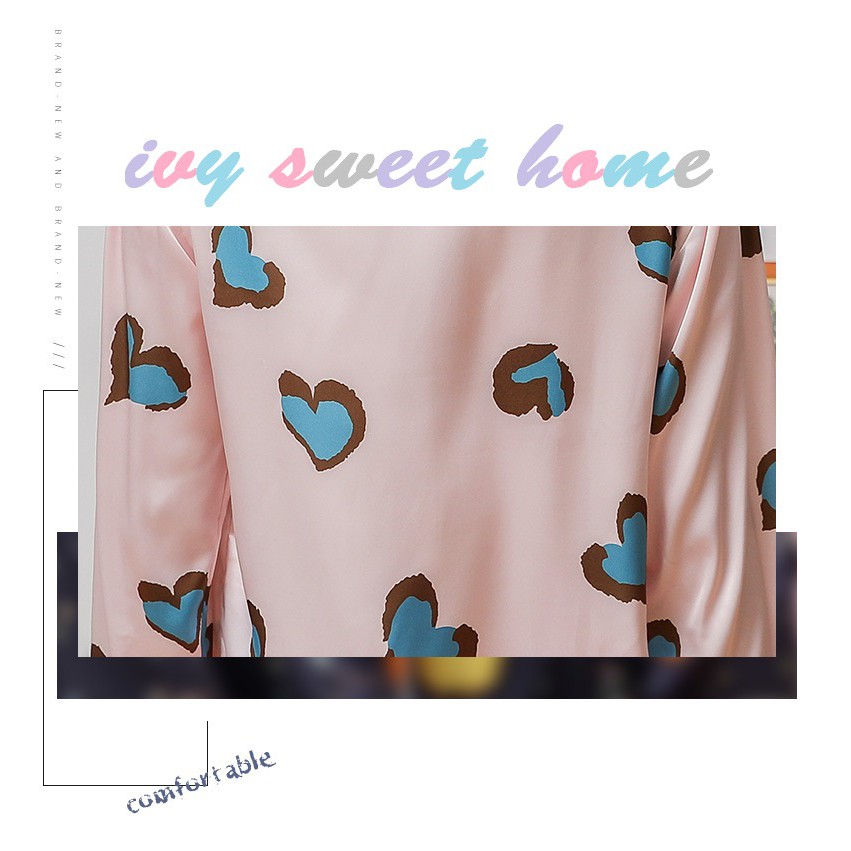 Đồ Bộ Lụa ❄ Bộ Ngủ Lụa Dễ Thương ❄ Khuy Dài Tim Hồng IVY617
