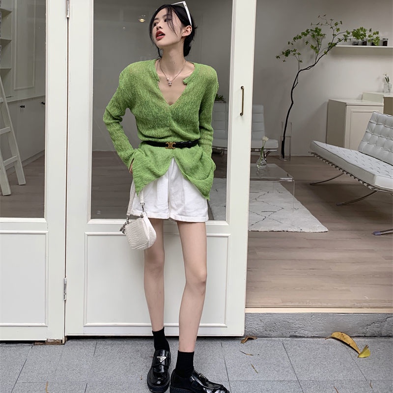 ∋▫Áo Dệt Kim Cổ Chữ V Vải Mỏng Màu Trơn Thời Trang Xuân Hè Dành Cho Nữ 2022