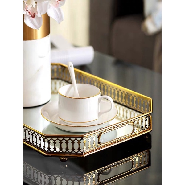 Khay Pha Lê Tráng Gương Chữ Nhật Viền Mạ Vàng Đựng Mỹ Phẩm Decor Trang Trí Cam Homeware