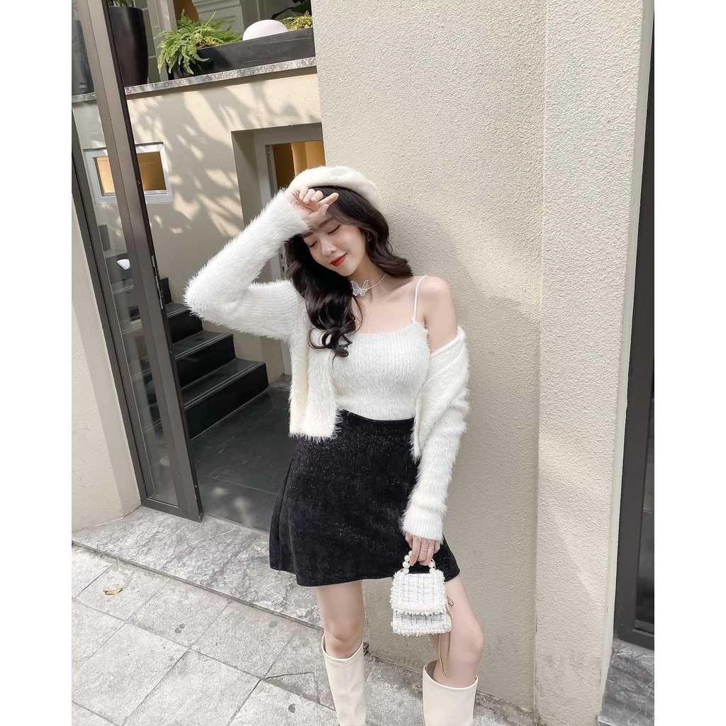 [Ảnh thât] Sét áo cardigan khoác ngoài và áo dây A21, áo khoác cardigan len lông mềm mại 3 màu xanh, hồng, trắng
