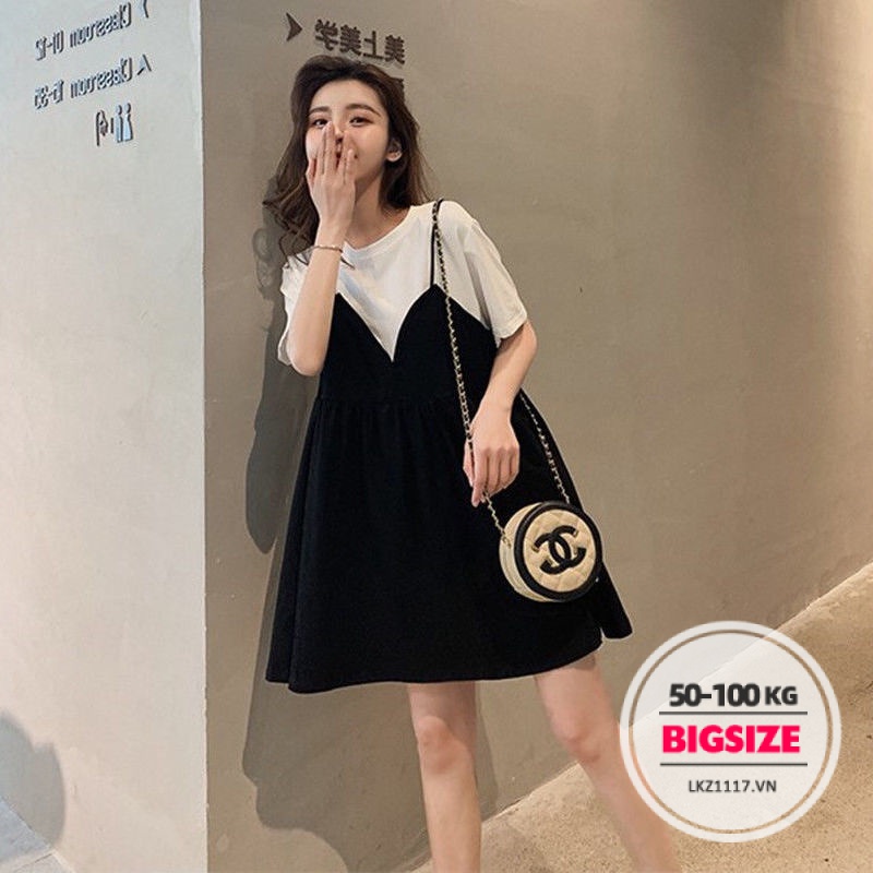 Đầm Bigsize Váy nữ Giả Hai Xuông tay ngắn cổ tròn mùa hè Phong cách Hàn Quốc Thời Trang cá tính xinh đẹp bigsizegiaree