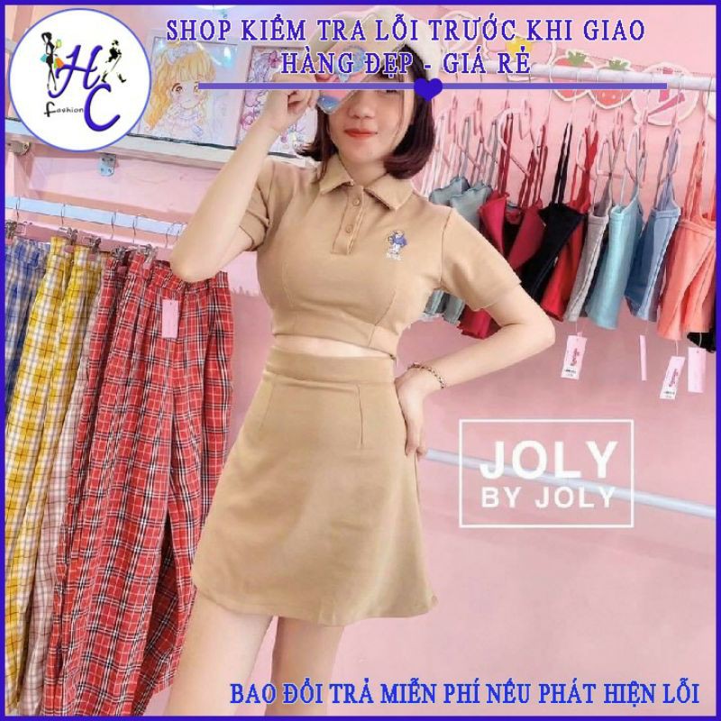 Set váy chữ A kèm áo thun cổ bẻ phong cách croptop siêu xinh