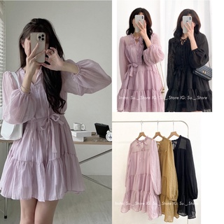 Váy tơ babydoll hai lớp dáng xòe kèm đai thắt eo
