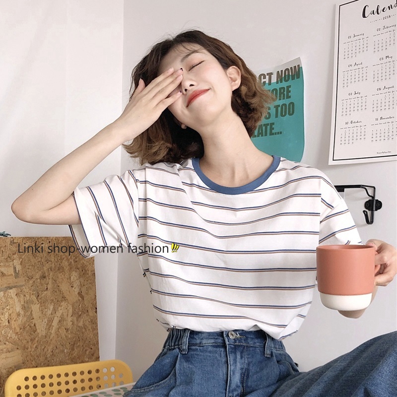 Áo thun ngắn tay sọc ngang dáng rộng thời trang