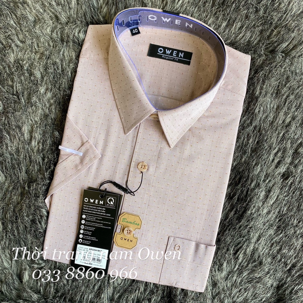 OWEN - Aó sơ mi ngắn tay Owen Regular fit chất sợi tre màu nâu  chấm bi 220418