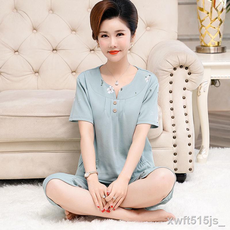 Đồ ngủ trung niên và cao tuổi, bà mẹ nữ, quần dài ngắn tay cotton mỏng, size bình trở lên cho người béo mm phục