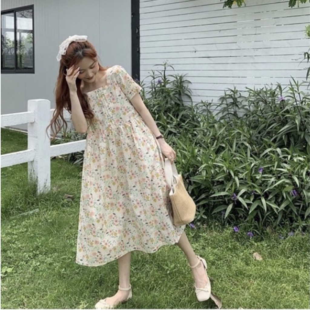 Váy babydoll hoa nhí cổ vuông xếp li ngực ulzzang, Đầm dự tiệc ulzzang hoa nhí dáng rộng chất thô lụa ngọt ngào -V9005