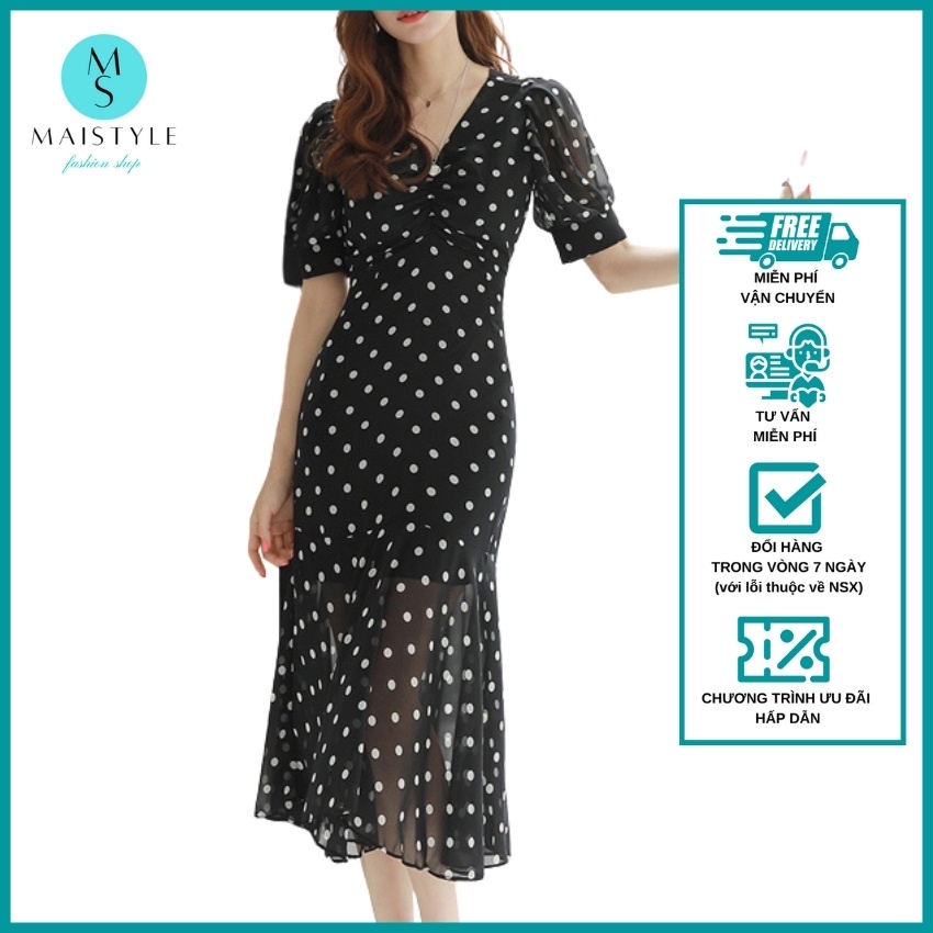 Đầm công sở MAISTYLE Váy nữ chấm bi dáng dài qua gối thiết kế tay phồng đuôi cá Đầm voan midi xòe tay ngắn MY1100 | BigBuy360 - bigbuy360.vn